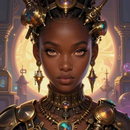 african steampunk alchemist, science fiction, highly detailed, digital painting, beautiful eyes, symmetry, concept art, sharp focus, illustration, global illumination, radiant light, retrowave colors, detailed and intricate environment, art by artgerm and greg rutkowski and magali villeneuve and ilya kuvshinov!