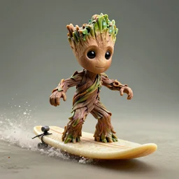 little Groot riding on a surfboard in the form of a bar of soap, cinematic angle, poster style