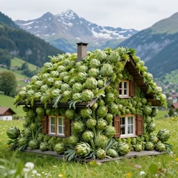 a house covered entirely of artichokes. artichoke on the roof. artichoke everywhere. beautiful switzerland landscape in the background