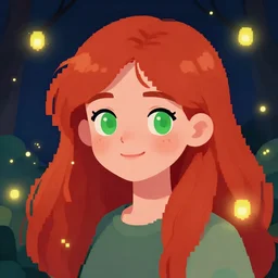 portrait of a red haired girl softly smiling among fireflies, with long hair, green eyes, round face, hint of freckles, colorful pixel art