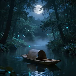 a dreamy photograph of an enchanting forest river, with a small bamboo boat in the river, moonlit night dreamy atmosphere, bioluminiscent butterflies in the fog in a bokeh background, deep colors, photorealistic digital arts, artstation, 8K