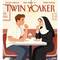 Twin Peaks poster artwork, portrait of Channing Tatum the local pastry chef, flirting with Emma Watson nun sitting in the diner, from scene from Twin Peaks by Michael Whelan, Bob Larkin and Tomer Hanuka, simple illustration, domestic, nostalgic, clean, full of details, by Makoto Shinkai and thomas kinkade, Matte painting, trending on artstation and unreal engine, New Yorker magazine cover