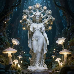 an idealistic marble statue, fully clothed, with fractal flowery hair in a fractal garden, glowing delicate flower and mushrooms that grow in a dark fatansy forest on the planet pandora,, symmetrical,