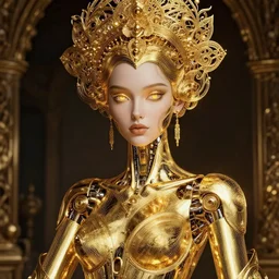 portrait of an absurdly beautiful, graceful, sophisticated, fashionable futuristic female golden robot with human eyes, glowing internal warm light, hyperdetailed illustration by irakli nadar and alexandre ferra, intricate linework, faberge, intricate gold headdress, dark atmosphere, unreal engine 5 highly rendered, global illumination, radiant light, detailed and intricate environment