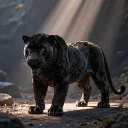 a black panther in the shadows, 3d render, soft lightning, crepuscular rays