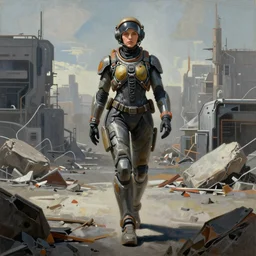 brutalist painting of a female mecha pilot walking across a cyberpunk wasteland, Very highly detailed 8K, octane, Digital painting, the golden ratio, rational painting, sharp