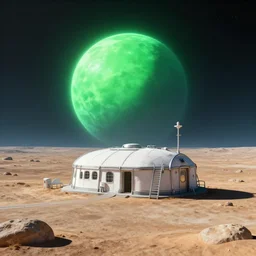 outside a remote human outpost on a remote planet with a green sun, from a space themed point and click 2 d graphic adventure game, art inspired by steampunk and thomas kinkade