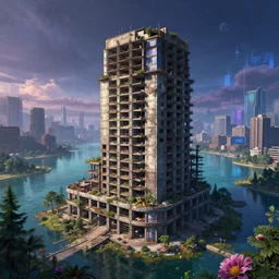 a beautiful ultradetailed highly detailed city unfinished building urbex post office by beeple, gem tokyo apocalyptic myst hyperrealism fantasy liberty city lake postcyberpunk sea at dawn forest futuristic landscape synthwave nightsky anime universe flowers san andreas, archdaily, wallpaper, highly detailed, trending on artstation.