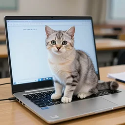 A holographic kitten emitting from the screen of a laptop, sitting on a student\'s desk, 4K 50mm f/4, award winning