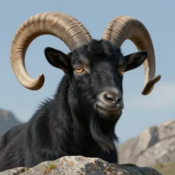 closeup of a black billy old goat with very big horns in the peak of a granite mountain in avila, cabra montesa, macho cabrio a detailed matte painting by dan mumford, deviantart contest winner, maximalism, 2 d game art, detailed painting, physically based rendering, eyes, reflections, hair and fur. navalguijo.