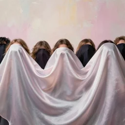 a crowd of people hiding behind a flowy silky cloth, dramatic lighting, pastel palette, splashed textured paint
