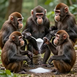a group of apes fighting over a spoonful of sugar