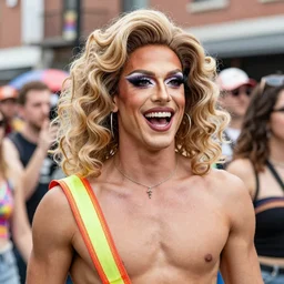 “Kirk Cameron in drag at a gay pride parade. He’s laughing so hard.”
