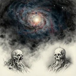 lovecraftian horror, lovecraft, moody, lighting study, cthulhu, galactic nebula, volumetric fog, color study, cross hatching, shading study