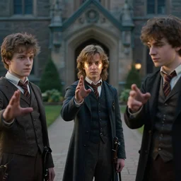 sharp, detailed, film still from a 2 0 1 9 sci fi 8 k movie, set in 1 8 5 0 in an alternate universe, mid distant shot of three students practicing magic, outside the school of magic, 1 8 5 0 s era clothes, atmospheric lighting, in focus, reflective faces, 3 5 mm macro lens, live action, good special effects, nice composition