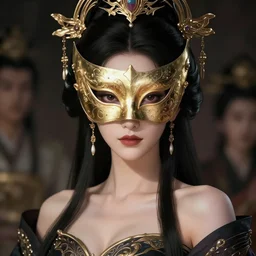portrait of a beautiful female immortal with a mask, elegant, fancy dess, ornaments, highly detailed, beautiful, cinematic lighting, 2 d animate style, mesmerizing, 8 k hd, artstation, by hideyuki morioka, ito ogure, vofan, greg rutkowski, victo ngai, artgerm
