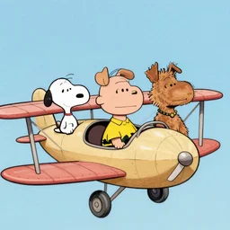 3 toy fox terriers flying a biplane, dog faces alert, snoopy the dog, style of charlie brown