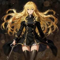 baroque oil painting japanese light novel cover full body character illustration lotr anime key visual action shot | young girl black military commander uniform crusader maid with long flowing blonde hair | symmetrical perfect face fine detail | gapmoe kuudere moody dynamic highlights stunning bokeh high contrast | trending pixiv fanbox | by greg rutkowski makoto shinkai takashi takeuchi studio ghibli