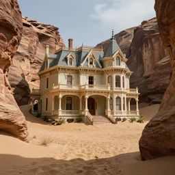 a large, victorian mansion covered in sand in a canyon. surreal, dream like.