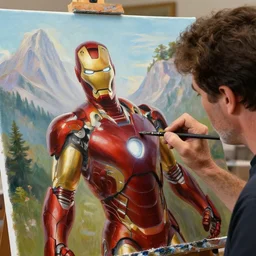 a closeup photorealistic photograph of bob ross working on a canvas painting of iron man. mountains and trees. film still. brightly lit scene. this 4 k hd image is trending on artstation, featured on behance, well - rendered, extra crisp, features intricate detail, epic composition and the style of unreal engine.