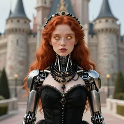 redhead girl in black dress in beautiful castle, black pearls and golden gems, glowing eyes, light freckles, portrait, biomech, conceptart, medium shot, unreal, octane, symmetrical, photorealism