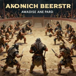 painting of a single dwarven berserker facing a crew of crazy goblin warriors in deadly combat on a gladiator pit, sharp focus, high symmetry, award - winning, trending on artstation, masterpiece, highly detailed, intricate. art by mark tedin