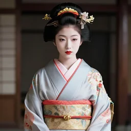 a beautiful geisha wearing kimono in cyberpunk style