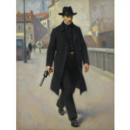 the man in black and a revolver in hand walking around a city, impressionist painting