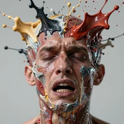 still shot close up footage of the portrait of a human head exploding and disintegrating into acrylic pour and splashing paint and dripping paint, painful emotions, motion blur, hyperrealistic, medical, intricate art photography, anatomically correct, realistic crisp textures, 1 6 k