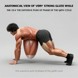 “ anatomical view of very strong glute muscles while the person is in the explosive push of phase of the gait cycle ”