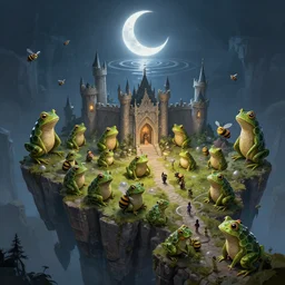 dozens of hived hexagonal frog kappa bee necromancers in the castle keep glorious cliff moat with the crescent moon rippling above. Craig Mullins, Dylan Cole, Liang Mark, Darek Zabrocki, Finnian MacManus, Sung Choi, Ruan jia, Albert Bierstadt Greg Rutkowski, Cinematic Keyframe Environmental & Architectural Design Concept Art, Trending on ArtStation
