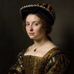 portrait of young woman in renaissance dress and hat, art by petrus christus,