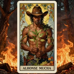 a dramatic ethereal epic symmetrical painting of a handsome cowboy holding a plant | he is dark skinned, shirtless, wearing a cowboy hat, and draped in vines | background is a forest fire conflagration flames | tarot card, art deco, art nouveau,  (steampunk), homoerotic, realistic | by Dresden Codak, by Mark Maggiori and ((((Alphonse Mucha))) | trending on artstation