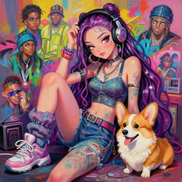beautiful fantasy painting of a hiphop lofi anime princess and her corgi chilling to music, by kenne gregoire, james jean, tran nguyen, wlop, jakub rebelka. trending on artstation, 8 k, masterpiece, face enhance, graffiti paint, fine detail, full of color, intricate detail, golden ratio illustration