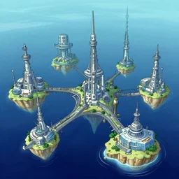 a series of connected island research stations in the middle of the ocean, hi tech, futurism, rhads!!!, ominous, digital science fiction realism, archipelago!!, urban fantasy, saturday morning cartoon, clean linework, ( alexander archipenko ), western animation