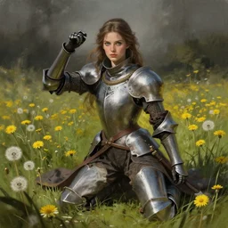 a knightess kneeling on a field of dandelions, dramatic, wonderful shading, realistic perfect face, concept art, dynamic pose, digital illustration, trending on artstation, intricate details, epic composition, sharp focus, 8 k uhd, masterpiece, wlop, ross draws