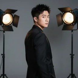 portrait of a man in a black suit back facing front posing in a studio with studio lights in the background