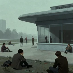 liminal outdoor exterior space, cassette futurism, existential horror, people in anguish, people in grief, societal breakdown, atmospheric haze, film. illustration by edward hopper, norman rockwell. film still, 1 6 mm cinematography