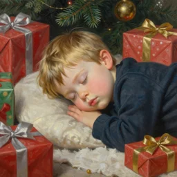 three year old boy with short blonde hair, asleep at christmas. surrounded by gifts. high quality detailed face. beautiful painting by artgerm and lois van baarle