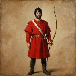 a turkish janissary, with a sword and bow, wearing a red robe, painting, canvas, coffee stained background