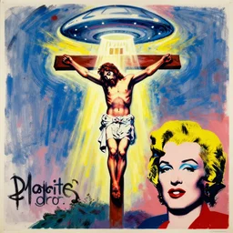 bloody jesus christ crucified with a ufo of light above him painted by cy twombly and andy warhol
