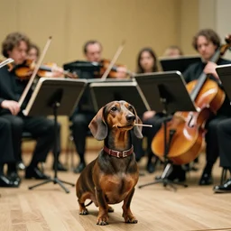 dachshund conducting an orchestra, 8 k, color film, photorealistic, n 9