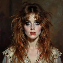 a beautiful but sinister woman who looks like a young shirley henderson in layers of fear, with haunted eyes and crazy hair, 1 9 7 0 s, seventies, delicate embellishments, a little blood, crimson, painterly, offset printing technique, by jules bastien - lepage