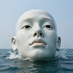 a massive porcelain sculpture of a surreal squashed human face on the ocean water, in the style of johnson tsang, lucid dream series, cinematic, hyper - realistic, very detailed, realistic water splashes, ray tracing, 8 k resolution, long - shot, sharp focus, low angle, 8 5 mm photograph, wide lens