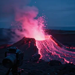a pink volcanic eruption, neon pink lava!, clear focus, bokeh effect, high res, hasselblad, dslr, professional, cinematic film still