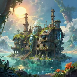 a beautiful detailed anime illustration of urbex boathouse industrial architecture abandoned by stanley spencer, azeroth morning sun otherworldly junglepunk tundra made of glass atlantis dieselpunk water flowers alien vaporwave cloudy lake desert sunlight thermal vision fisheye postcyberpunk cyberpunk, archdaily, wallpaper, highly detailed, trending on artstation.
