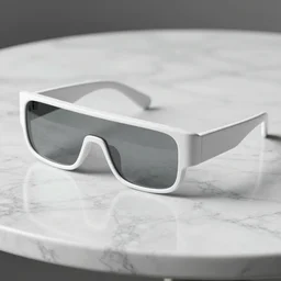 white futuristic glasses layed on a marble table, amazing detail, studio lighting, 3D model, ray tracing