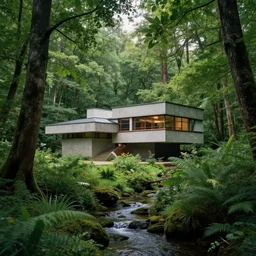 a mysterious house in a mysterious lush forest, design by frank lloyd wright, a small stream, craig mullins,