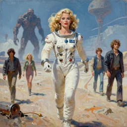 a mixed media painting of one very beautiful blonde woman fleeing from a distant colossus creature on an alien world, elegant, aesthetic!!! symmetrical face and eyes, sixties pinup, spacesuit, photorealistic, curvy, epic sci - fi character art, by frank frazetta, donato giancola, boris vallejo, greg rutkowski, christian macnevin