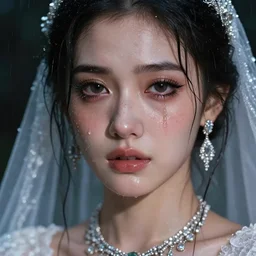 ilyana vyulnika as a young wet bride in the dark, heavy makeup, crying eyes, tears, leaked mascara, lipgloss, portrait, closeup, cute freckles, gloss effects, and exaggerated proportions, intricate silver jewelry, after rain, digital art by julia razumova and mel milton, trending on artstation, 4 k high quality photorealism